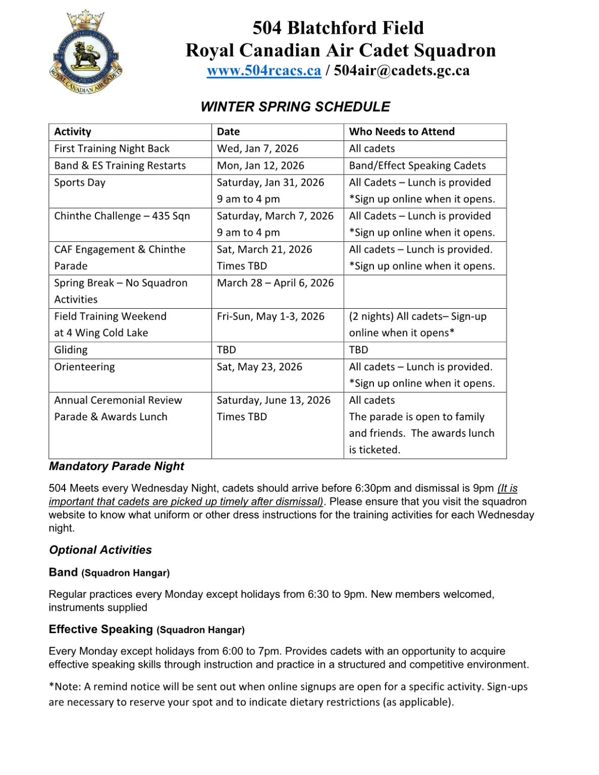 2026 Winter Spring Training Schedule - 504 BLATCHFORD FIELD RCACS